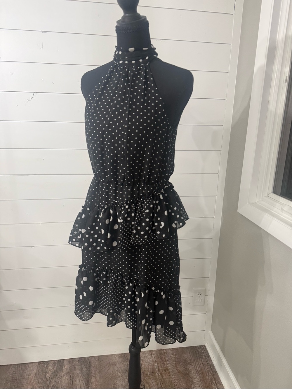 Betsey Johnson Black White Polka Dot Halter Midi Dress Ruffle Layered Size 2